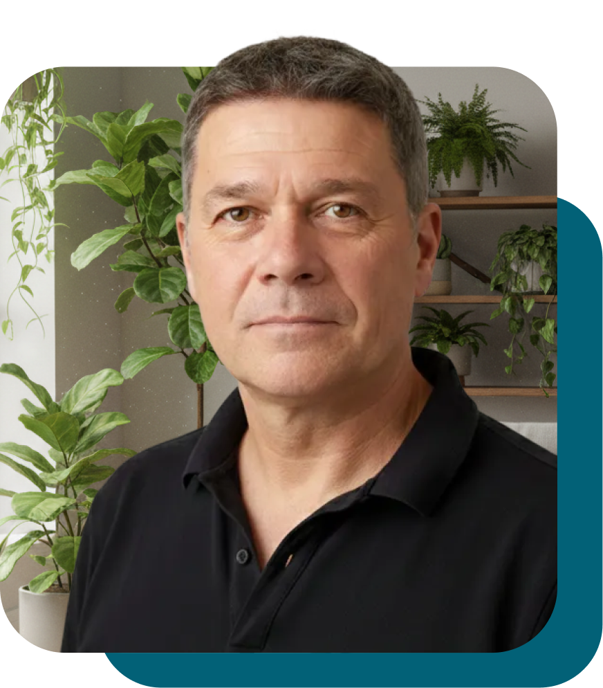 Mann vor Pflanzen in moderner Umgebung