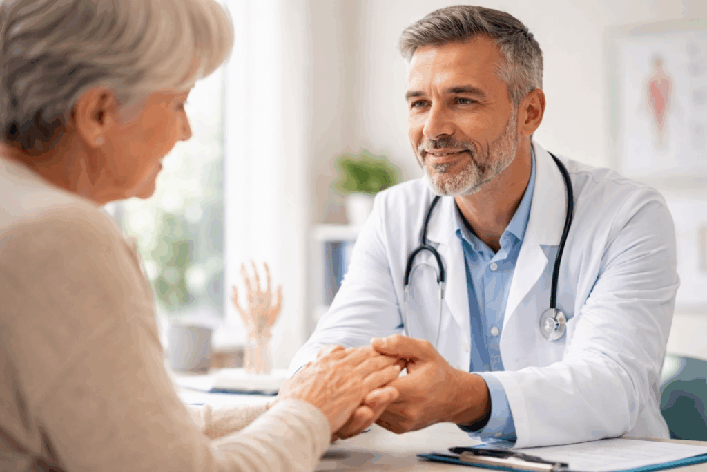 Arzt spricht mit älterer Patientin in Praxis.