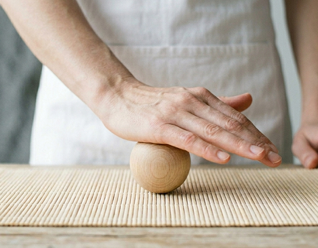 Hand rollt Holzkugel auf Bambusmatte