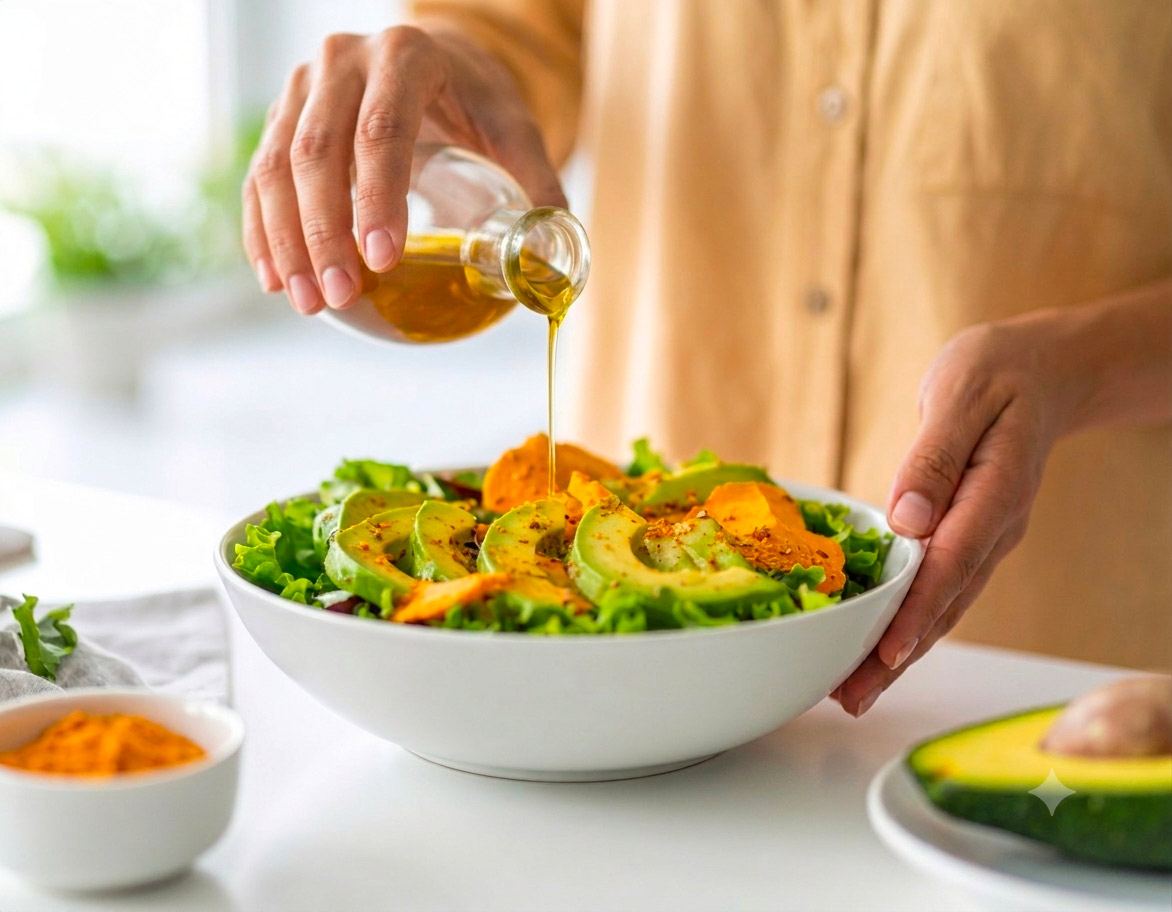 Öl wird über Avocado-Salat gegossen