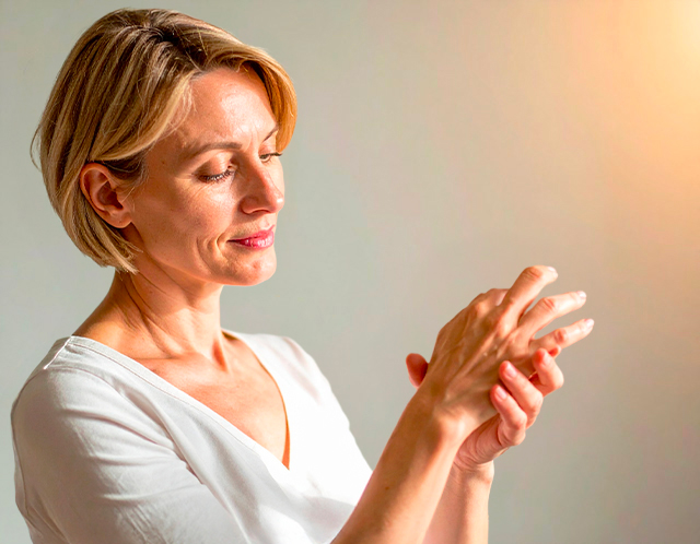 Frau massiert ihr Handgelenk bei Tageslicht