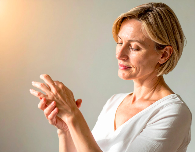 Frau trägt Handcreme bei warmem Licht auf