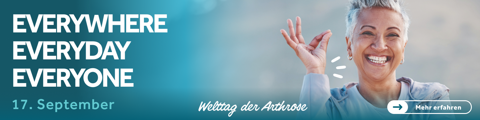 Lächelnde Frau mit Arthrose-Kampagnenbotschaft am 17. September